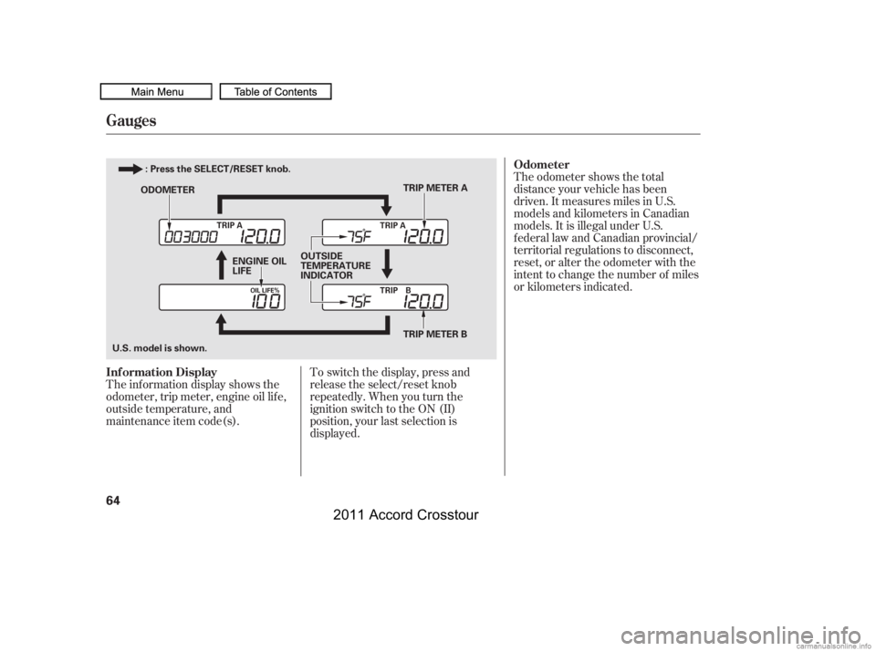 HONDA CROSSTOUR 2011  Owners Manual (in English) The odometer shows the total
distance your vehicle has been
driven. It measures miles in U.S.
models and kilometers in Canadian
models. It is illegal under U.S.
federal law and Canadian provincial/
te