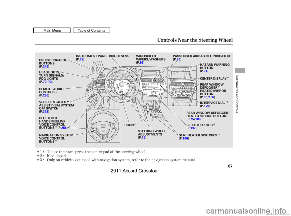 HONDA CROSSTOUR 2011   (in English) Repair Manual ÎÎ
Î Î
Î Î
Î
Î
Î
Î
If equipped
Only on vehicles equipped with navigation system, ref er to the navigation system manual. To use the horn, press the center pad of the steering wheel