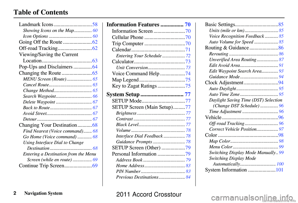 HONDA CROSSTOUR 2011  Navigation Manual (in English) 2Navigation System
Table of Contents
Landmark Icons .............................58
Showing Icons on the Map............... 60
Icon Options .................................... 60
Going Off the Route 