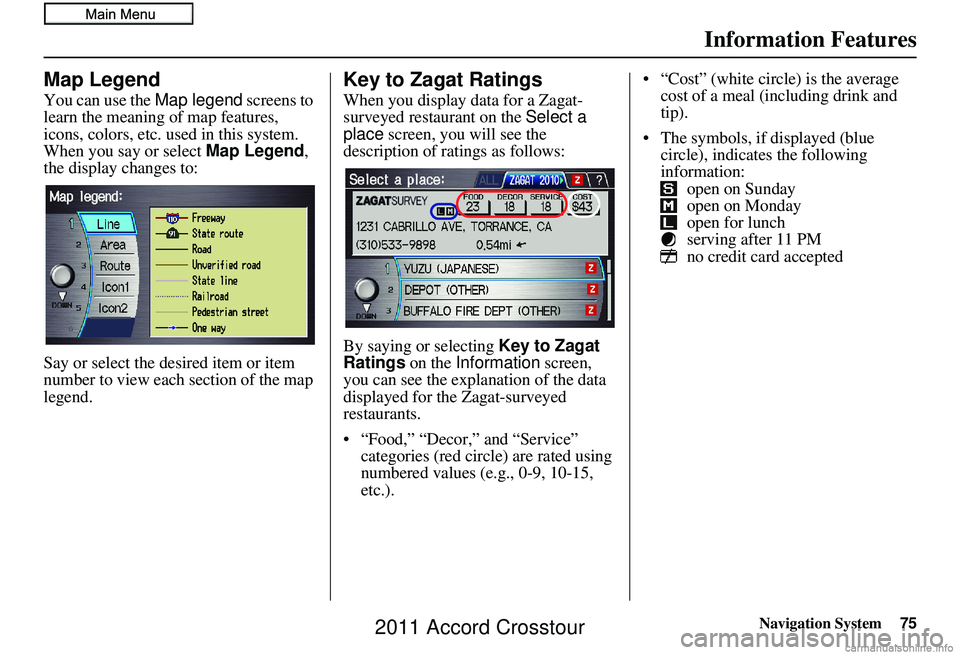 HONDA CROSSTOUR 2011  Navigation Manual (in English) Navigation System
Information Features
Map Legend
You can use the Map legend screens to 
learn the meaning of map features, 
icons, colors, etc. us ed in this system. 
When you say or select  Map Lege