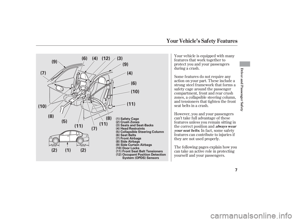 HONDA CIVIC SEDAN 2011  Owners Manual (in English) Your vehicle is equipped with many
features that work together to
protect you and your passengers
during a crash.
However, you and your passengers
can’t take f ull advantage of these
f eatures unles