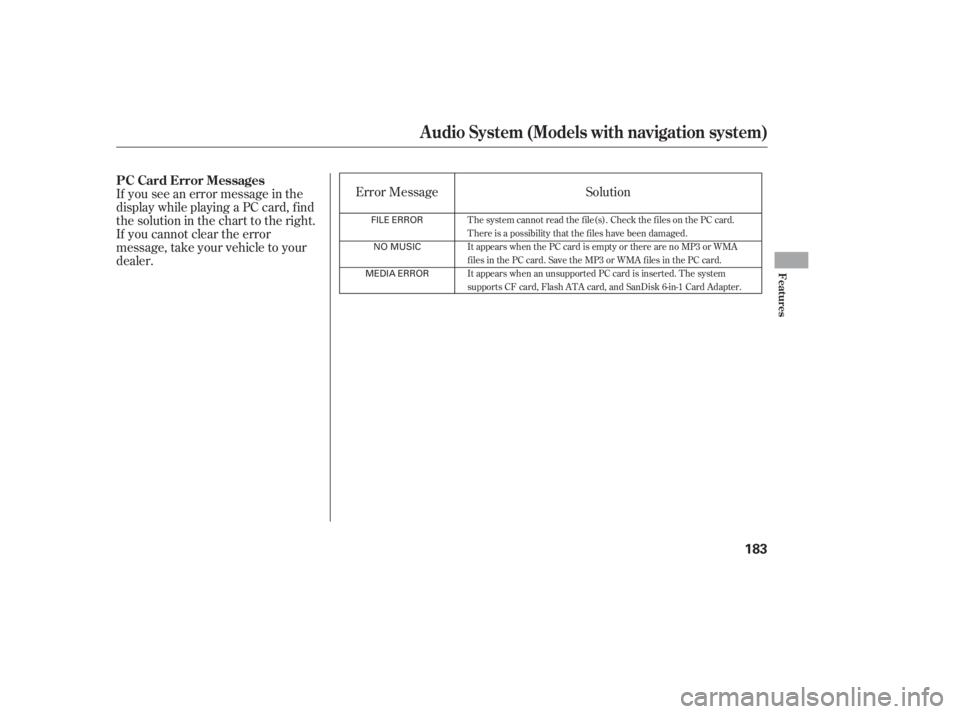 HONDA CIVIC SEDAN 2011  Owners Manual (in English) If you see an error message in the
display while playing a PC card, f ind
thesolutioninthecharttotheright.
If you cannot clear the error
message, take your vehicle to your
dealer.Error Message Solutio