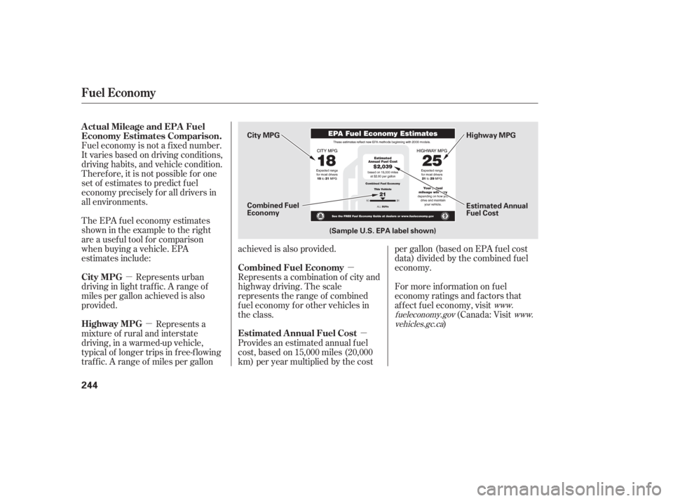 HONDA CIVIC SEDAN 2011  Owners Manual (in English) µµ
µ µ
Fuel economy is not a f ixed number.
It varies based on driving conditions,
driving habits, and vehicle condition.
Theref ore, it is not possible f or one
set of estimates to predict f 