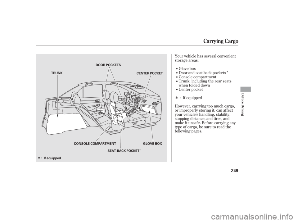 HONDA CIVIC SEDAN 2011  Owners Manual (in English) Î
Î
Î
Î
Your vehicle has several convenient
storage areas:Glove box
Door and seat-back pockets
Console compartment
Trunk, including the rear seats
when f olded down
Center pocketIf equipped
Ho