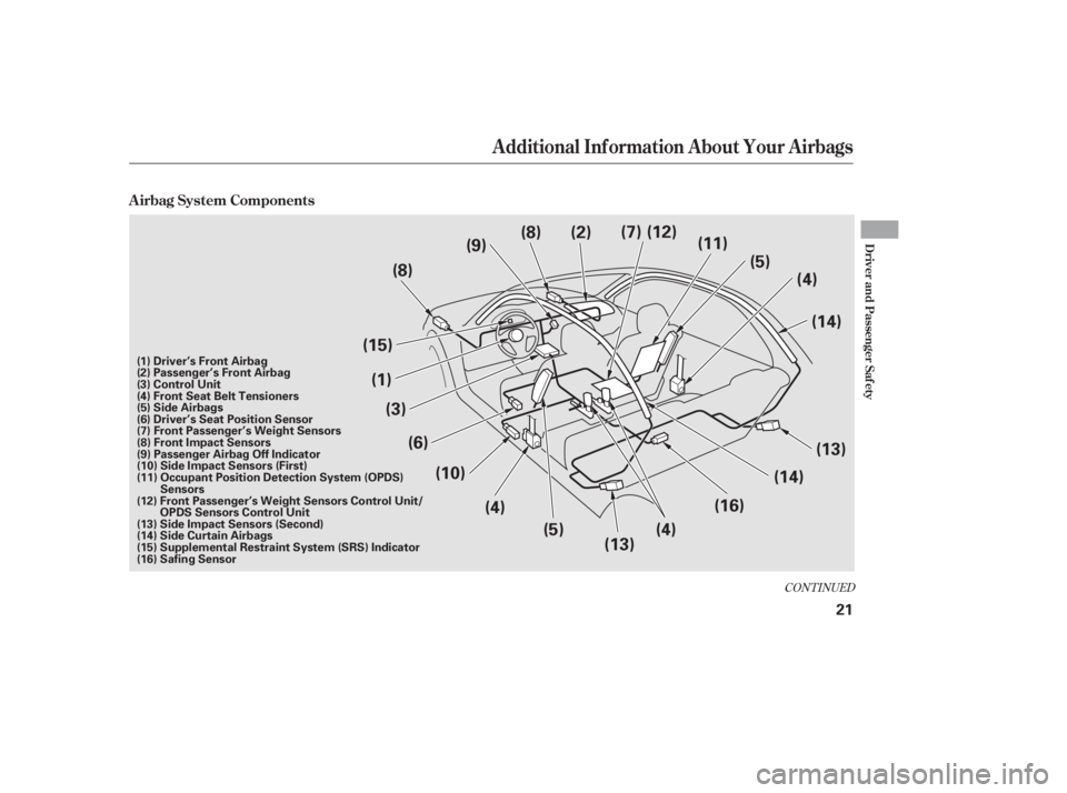 HONDA CIVIC SEDAN 2011 (in English) Owners Guide CONT INUED
A irbag System Components
Additional Inf ormation About Your Airbags
Driver and Passenger Saf ety
21
(9)
(1) (3) (14)
(4)
(6) (11)
(14)
(10)
(13)
(8)
(15) (12)
(7)
(5)(4)
(13)
(16)
(4)
(5)
HONDA CIVIC SEDAN 2011 (in English) Owners Guide CONT INUED
A irbag System Components
Additional Inf ormation About Your Airbags
Driver and Passenger Saf ety
21
(9)
(1) (3) (14)
(4)
(6) (11)
(14)
(10)
(13)
(8)
(15) (12)
(7)
(5)(4)
(13)
(16)
(4)
(5)