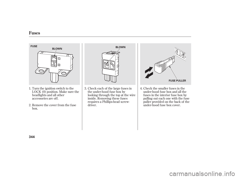 HONDA CIVIC SEDAN 2011  Owners Manual (in English) Turn the ignition switch to the
LOCK (0) position. Make sure the
headlights and all other
accessories are of f .
Remove the cover f rom the f use
box.Check the smaller f uses in the
under-hood f use b