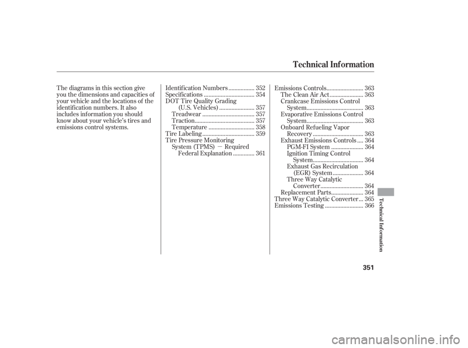 HONDA CIVIC SEDAN 2011  Owners Manual (in English) µ
Thediagramsinthissectiongive
you the dimensions and capacities of
your vehicle and the locations of the
identif ication numbers. It also
includes inf ormation you should
know about your vehicle’