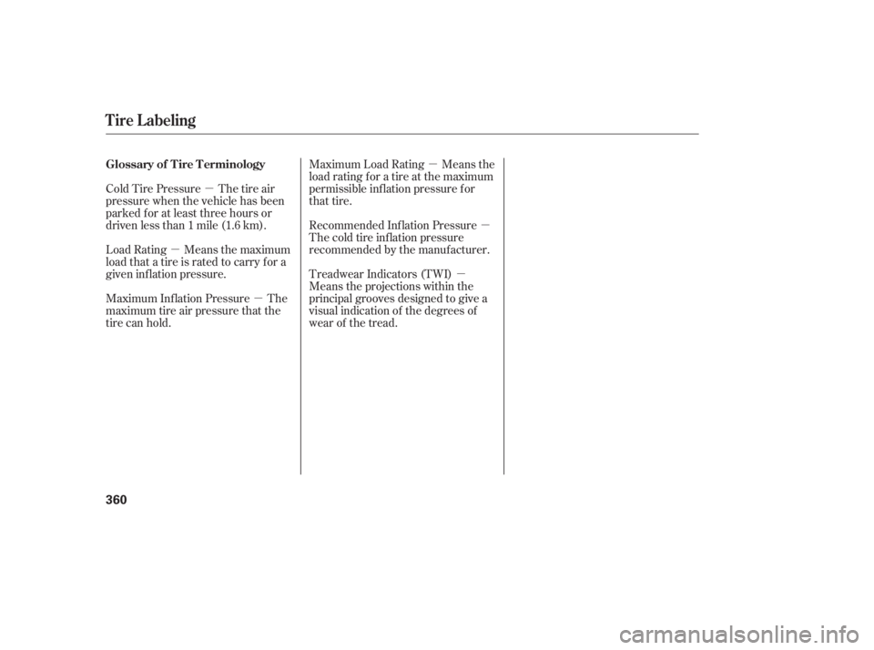 HONDA CIVIC SEDAN 2011  Owners Manual (in English) µµ
µ
µ
µ
µ
Cold Tire Pressure The tire air
pressure when the vehicle has been
parked f or at least three hours or
driven less than 1 mile (1.6 km). Maximum Load Rating Means the
load ratin