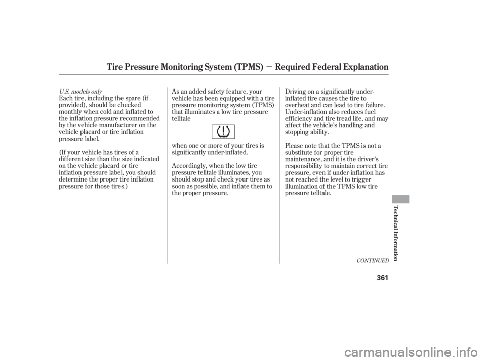 HONDA CIVIC SEDAN 2011  Owners Manual (in English) µ
U.S. models only
Each tire, including the spare (if
provided), should be checked
monthly when cold and inf lated to
the inf lation pressure recommended
by the vehicle manuf acturer on the
vehicle 