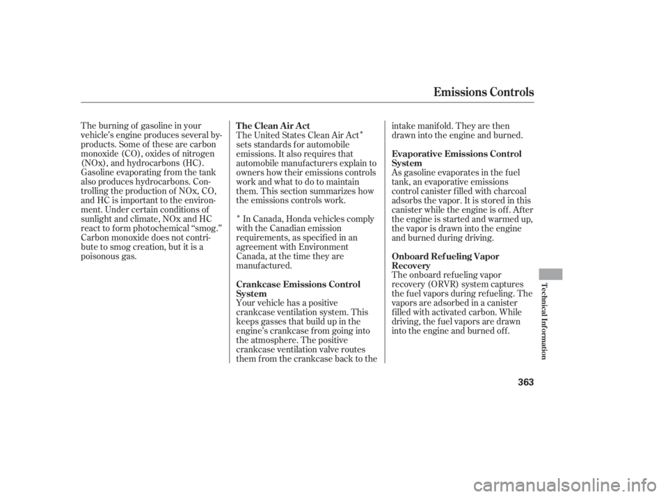 HONDA CIVIC SEDAN 2011  Owners Manual (in English) Î
ÎThe burning of gasoline in your
vehicle’s engine produces several by-
products. Some of these are carbon
monoxide (CO), oxides of nitrogen
(NOx), and hydrocarbons (HC).
Gasoline evaporating f