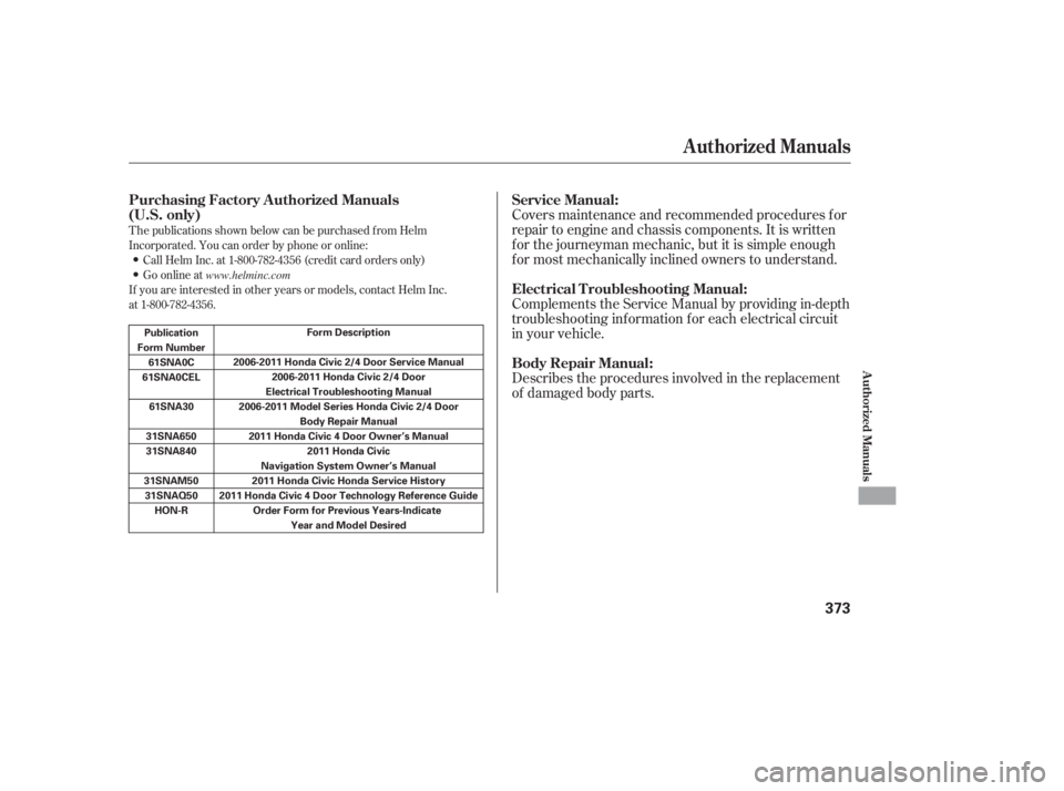 HONDA CIVIC SEDAN 2011  Owners Manual (in English) T he publications shown below can be purchased f rom Helm
Incorporated. You can order by phone or online:Call Helm Inc. at 1-800-782-4356 (credit card orders only)
Go online at
If you are interested i