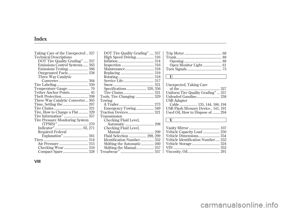 HONDA CIVIC SEDAN 2011  Owners Manual (in English) Î
Î
Î
Î
Î Î
Î Î
................................
Vanity Mirror . 107
.................
Vehicle Capacity Load . 250
......................
Vehicle Dimensions . 354
....
Vehicle Identif 