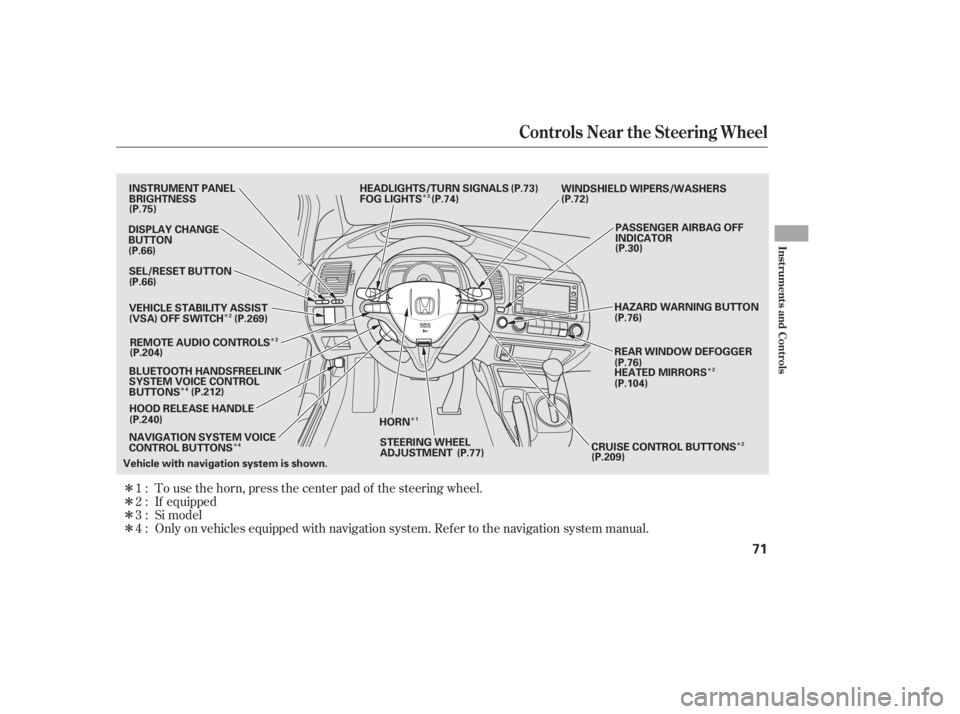 HONDA CIVIC SEDAN 2011  Owners Manual (in English) ÎÎ
Î
Î Î
Î
Î
Î
Î
Î
Î
Î
Only on vehicles equipped with navigation system. Ref er to the navigation system manual. To use the horn, press the center pad of the steering wheel.
If