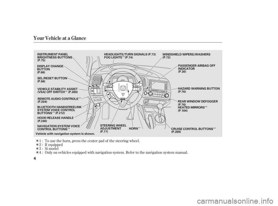 HONDA CIVIC SEDAN 2011  Owners Manual (in English) ÎÎ
Î
Î Î
Î
Î
Î
Î
Î
Î
Î Only on vehicles equipped with navigation system. Ref er to the navigation system manual. To use the horn, press the center pad of the steering wheel.
If