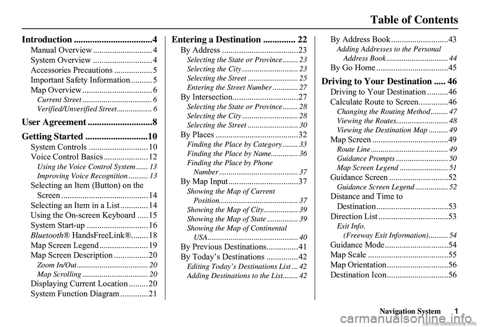 HONDA CIVIC SEDAN 2011  Navigation Manual (in English) Navigation System1
Table of Contents
Introduction ..................................4
Manual Overview ............................ 4 
System Overview ............................ 4
Accessories Precaut