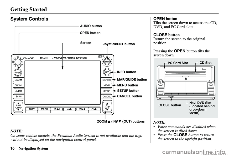 HONDA CIVIC SEDAN 2011  Navigation Manual (in English) 10Navigation System
Getting Started
System Controls
NOTE: 
On some vehicle models, the Premium Audio System is not available and the logo  will not be displayed on the navigation control panel.
Joysti