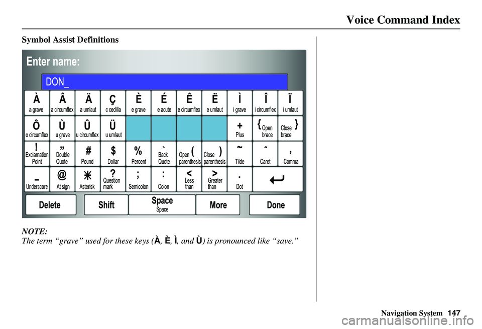 HONDA CIVIC SEDAN 2011 Navigation Manual (in English) Navigation System147
Voice Command Index
Symbol Assist Definitions
NOTE:
The term “grave” used for these keys ( À, È, Ì, and Ù) is pronounced like “save.” HONDA CIVIC SEDAN 2011 Navigation Manual (in English) Navigation System147
Voice Command Index
Symbol Assist Definitions
NOTE:
The term “grave” used for these keys ( À, È, Ì, and Ù) is pronounced like “save.”