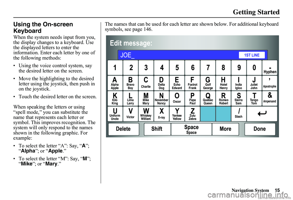 HONDA CIVIC SEDAN 2011 Navigation Manual (in English) Navigation System15
Getting Started
Using the On-screen
Keyboard
When the system needs input from you, the display changes to a keyboard. Use the displayed letters to enter the information. Enter e HONDA CIVIC SEDAN 2011 Navigation Manual (in English) Navigation System15
Getting Started
Using the On-screen
Keyboard
When the system needs input from you, the display changes to a keyboard. Use the displayed letters to enter the information. Enter e