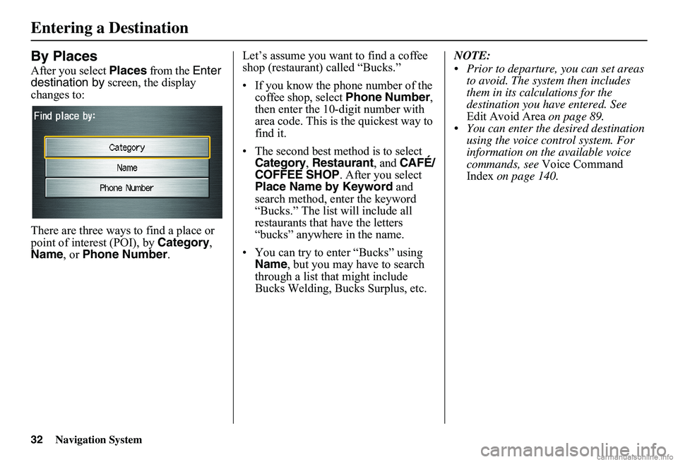 HONDA CIVIC SEDAN 2011 Navigation Manual (in English) 32Navigation System
By Places
After you select Places from the Enter destination by screen, the display changes to:
There are three ways to find a place or point of interest (POI), by Category, HONDA CIVIC SEDAN 2011 Navigation Manual (in English) 32Navigation System
By Places
After you select Places from the Enter destination by screen, the display changes to:
There are three ways to find a place or point of interest (POI), by Category,