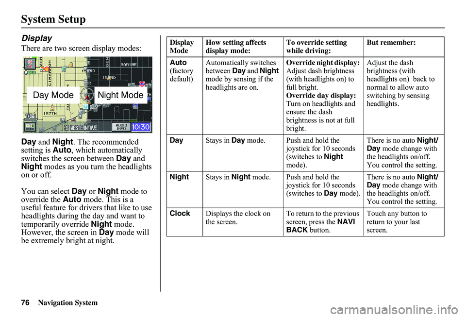 HONDA CIVIC SEDAN 2011  Navigation Manual (in English) 76Navigation System
System Setup
Display
There are two screen display modes: 
Day  and Night. The recommended  setting is  Auto, which automatically  switches the screen between  Day and  Night  modes