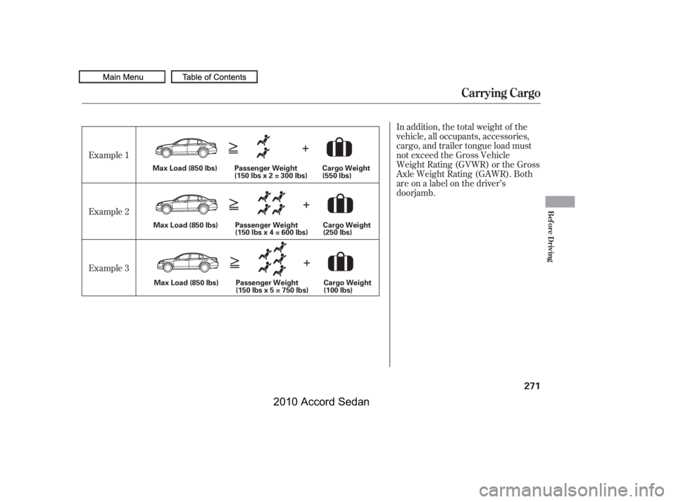 HONDA ACCORD SEDAN 2010  Owners Manual (in English) In addition, the total weight of the 
vehicle, all occupants, accessories,
cargo, and trailer tongue load must
not exceed the Gross Vehicle
Weight Rating (GVWR) or the Gross
Axle Weight Rating (GAWR).