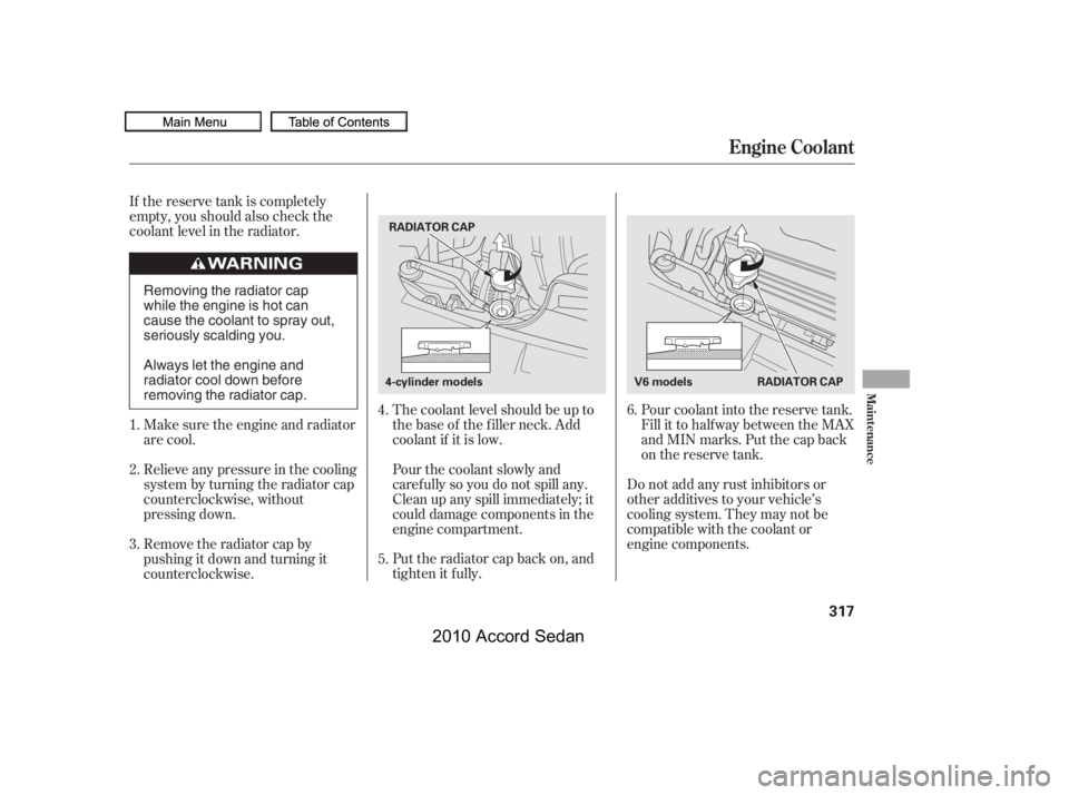 HONDA ACCORD SEDAN 2010  Owners Manual (in English) The coolant level should be up to 
the base of the f iller neck. Add
coolant if it is low. 
Pourthecoolantslowlyand 
caref ully so you do not spill any.
Clean up any spill immediately; it
could damage