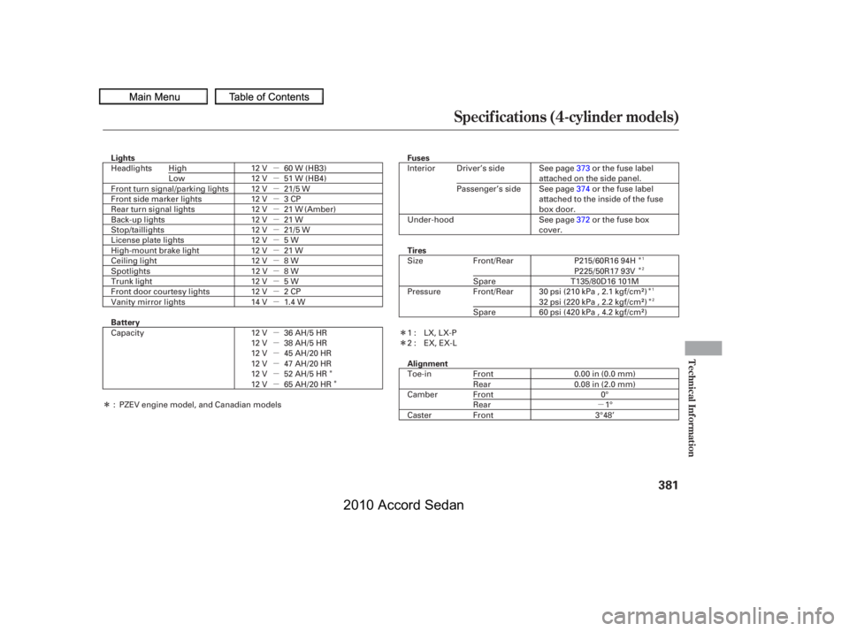 HONDA ACCORD SEDAN 2010  Owners Manual (in English) µ
µ µµµµµµµµµµµµµ 
µ µµµµµ
Î
ÎÎ
ÎÎ
ÎÎ
Î Î
Specif ications (4-cylinder models)
Technical Inf ormation
381
Lights 
Battery
Fuses 
Tires 
Align