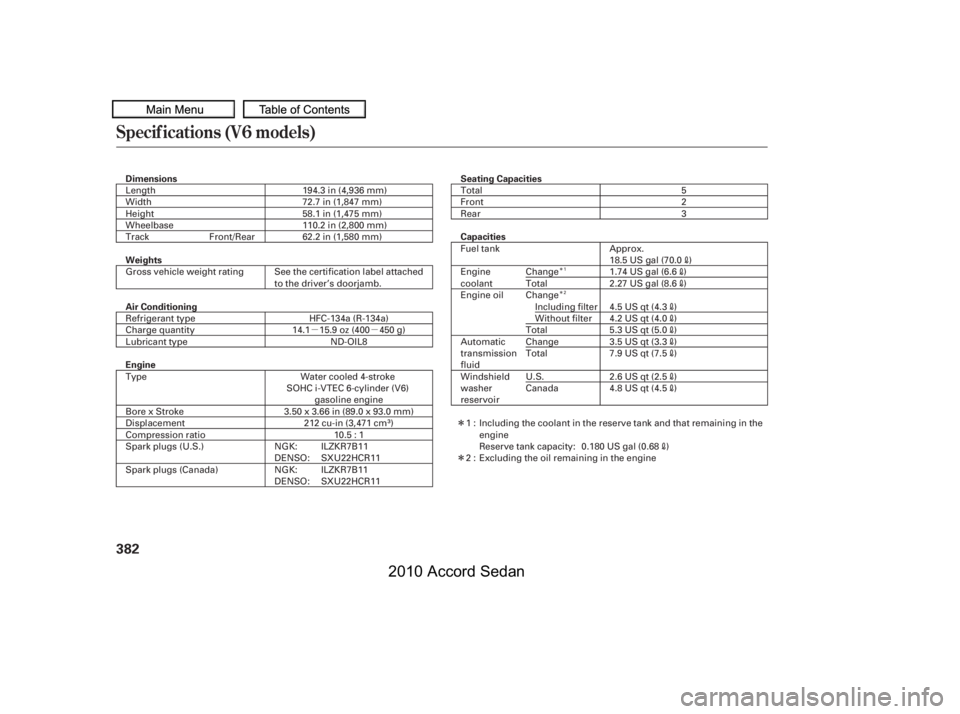 HONDA ACCORD SEDAN 2010  Owners Manual (in English) µµ
Î 
Î
Î 
Î
Specif ications (V6 models)
382
DimensionsSeating Capacities
Capacities
Weights 
Air Conditioning 
Engine
110.2 in (2,800 mm)
Length WidthHeightWheelbaseTrack
194.3 in (4,936 