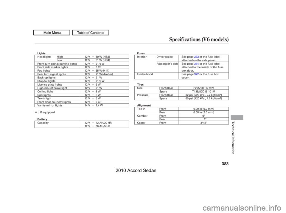 HONDA ACCORD SEDAN 2010  Owners Manual (in English) µ
Î
µ µ 
µ µµµµµµµµµµµµµµ
Î
Specif ications (V6 models)
Technical Inf ormation
383
Fuses 
Tires 
Alignment
Lights 
Battery
12 V 60 W (HB3) 12 V 51 W (HB4)12 V 2