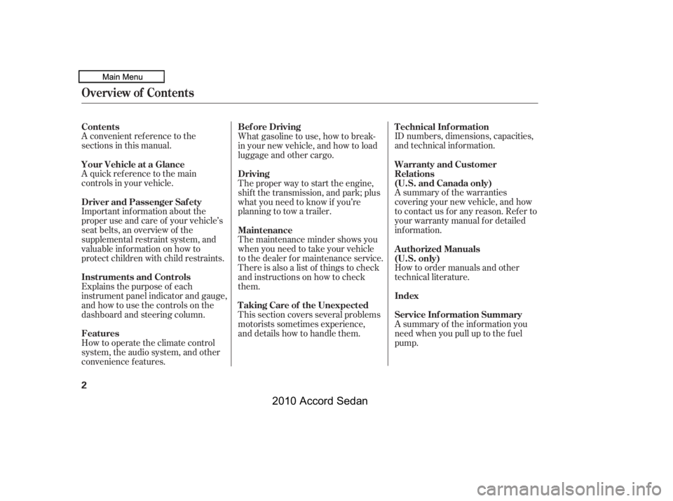 HONDA ACCORD SEDAN 2010  Owners Manual (in English) A convenient ref erence to the 
sections in this manual. 
A quick ref erence to the main 
controls in your vehicle. 
Explains the purpose of each 
instrument panel indicator and gauge,
and how to use 