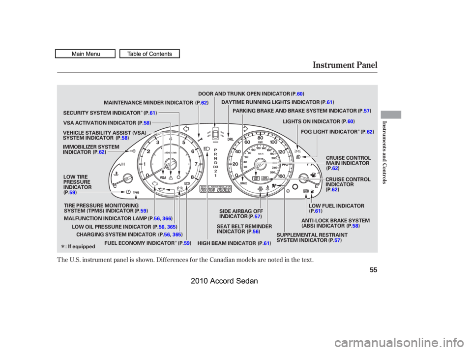 HONDA ACCORD SEDAN 2010  Owners Manual (in English) Î
Î
Î
Î
The U.S. instrument panel is shown. Dif f erences f or the Canadian models are noted in the text.
Instrument Panel
Inst rument s and Cont rols
55
(P.57)
(P.62)
: If equipped
LOW FUEL I