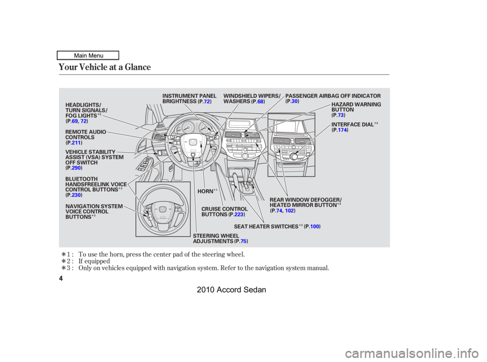 HONDA ACCORD SEDAN 2010  Owners Manual (in English) Î 
Î 
Î
Î
Î
Î
Î
Î
Î
Î
Only on vehicles equipped with navigation system. Ref er to the navigation system manual. 
If equipped
To use the horn, press the center pad of the steering w