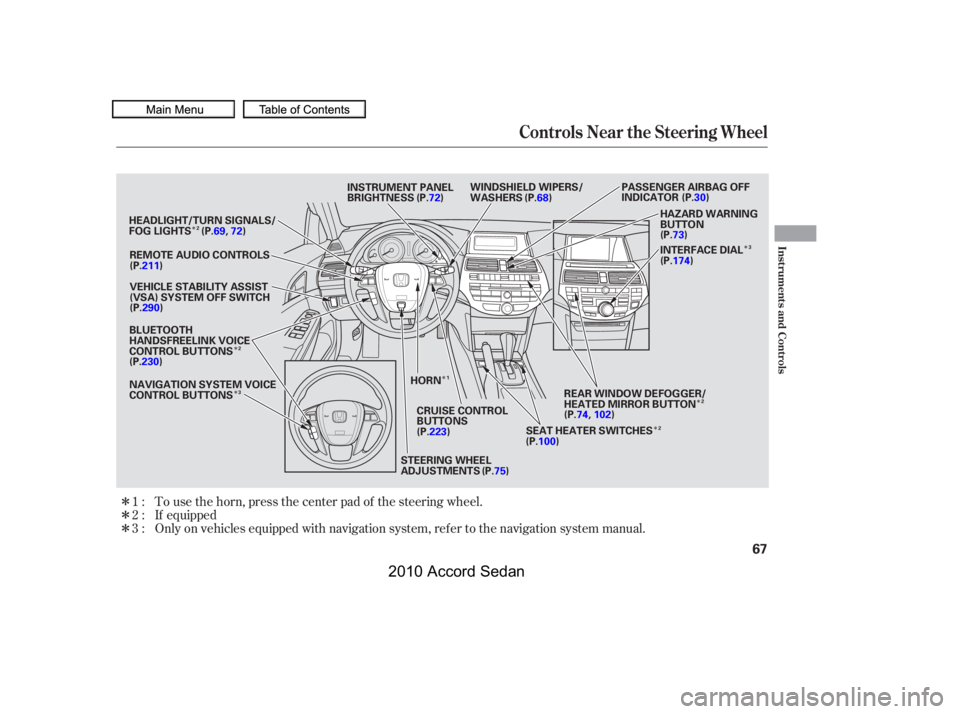 HONDA ACCORD SEDAN 2010   (in English) Repair Manual Î
Î
ÎÎ
Î
Î
Î
Î 
Î
Î
If equipped
Only on vehicles equipped with navigation system, ref er to the navigation system manual. 
To use the horn, press the center pad of the steering whe