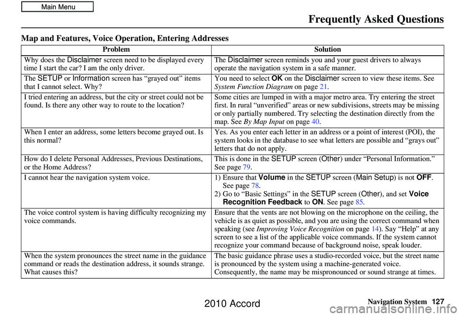 HONDA ACCORD SEDAN 2010 Navigation Manual (in English) Navigation System127
Frequently Asked Questions
Map and Features, Voice Oper ation, Entering Addresses
Problem Solution
Why does the Disclaimer screen need to be displayed every
time I start the car HONDA ACCORD SEDAN 2010 Navigation Manual (in English) Navigation System127
Frequently Asked Questions
Map and Features, Voice Oper ation, Entering Addresses
Problem Solution
Why does the Disclaimer screen need to be displayed every
time I start the car