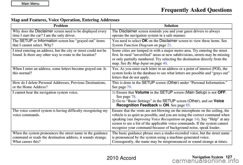 HONDA ACCORD SEDAN 2010  Navigation Manual (in English) Navigation System127
Frequently Asked Questions
Map and Features, Voice Oper ation, Entering Addresses
Problem Solution
Why does the  Disclaimer screen need to be displayed every 
time I start the car