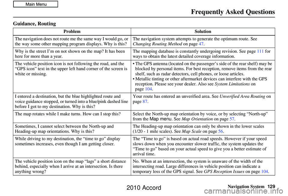 HONDA ACCORD SEDAN 2010 Navigation Manual (in English) Navigation System129
Frequently Asked Questions
Guidance, Routing
Problem Solution
The navigation does not route me the same way I would go, or
the way some other mapping progr am displays. Why is t HONDA ACCORD SEDAN 2010 Navigation Manual (in English) Navigation System129
Frequently Asked Questions
Guidance, Routing
Problem Solution
The navigation does not route me the same way I would go, or
the way some other mapping progr am displays. Why is t