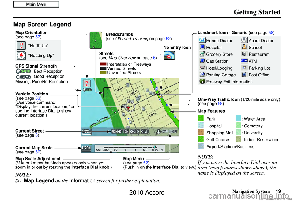 HONDA ACCORD SEDAN 2010  Navigation Manual (in English) Navigation System19
Getting Started
Map Screen Legend
Acura Dealer
School
Restaurant
AT M
Parking Lot
Post OfficeHonda Dealer
Hospital
Grocery Store
Gas Station
Hotel/Lodging
Parking Garage
Freeway Ex