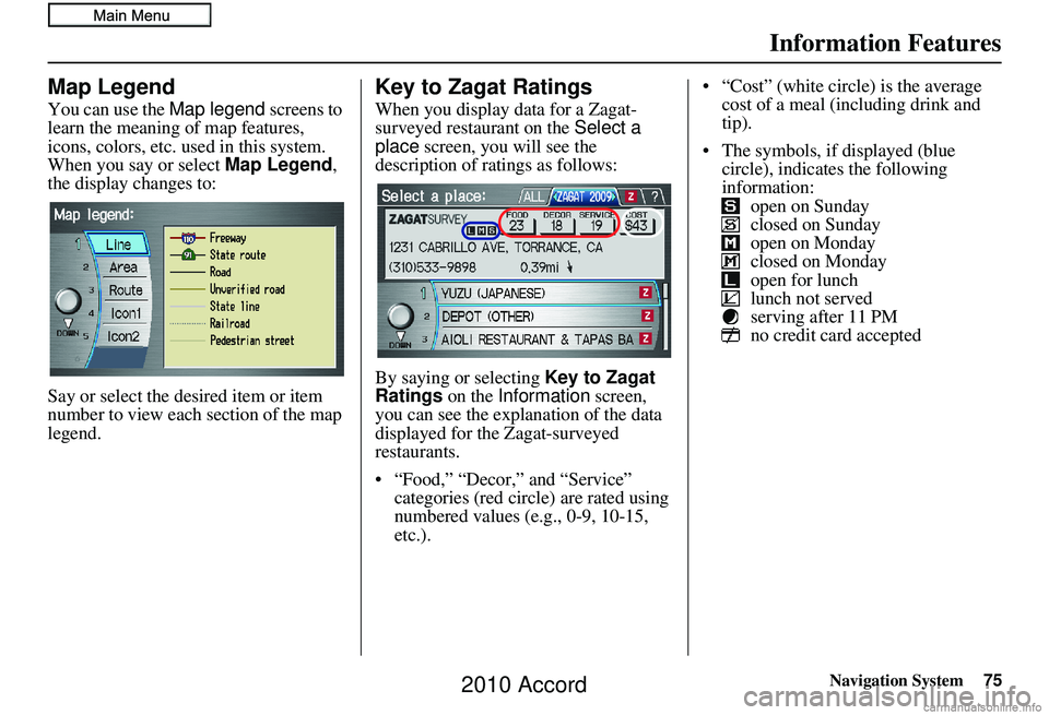 HONDA ACCORD SEDAN 2010 Navigation Manual (in English) Navigation System75
Information Features
Map Legend
You can use the Map legend screens to
learn the meaning of map features,
icons, colors, etc. used in this system.
When you say or select Map Lege HONDA ACCORD SEDAN 2010 Navigation Manual (in English) Navigation System75
Information Features
Map Legend
You can use the Map legend screens to
learn the meaning of map features,
icons, colors, etc. used in this system.
When you say or select Map Lege