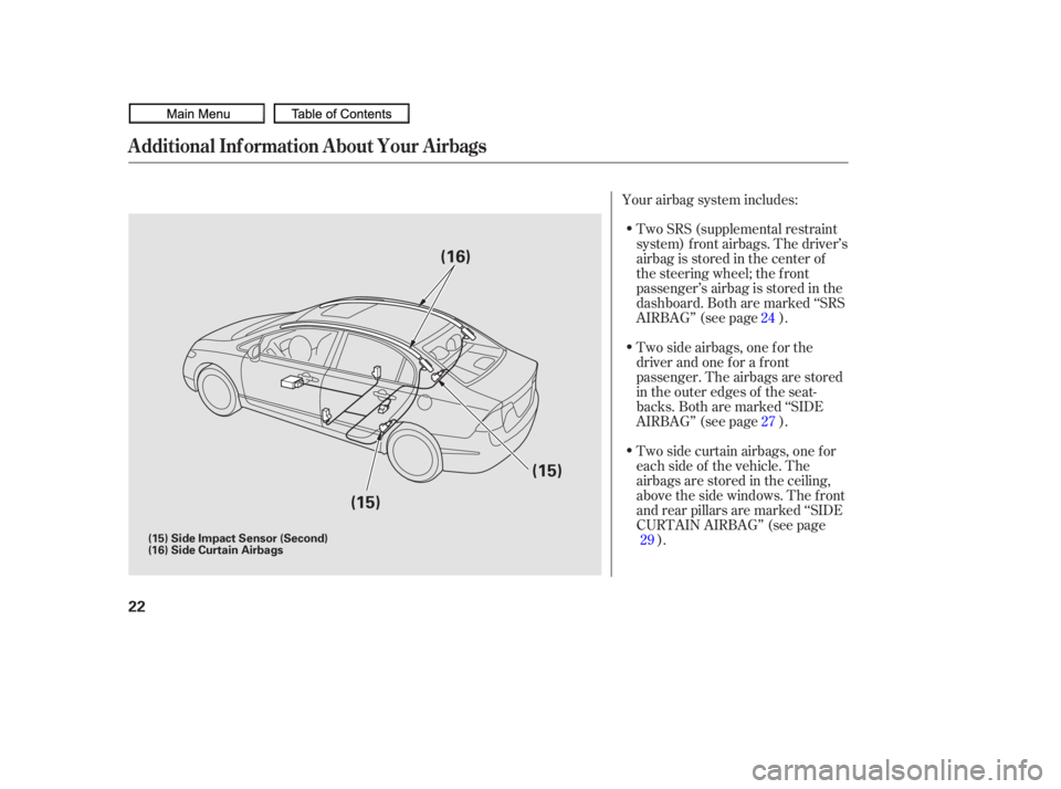 HONDA CIVIC SEDAN 2010 (in English) Owners Guide Two SRS (supplemental restraint
system) f ront airbags. The driver’s
airbag is stored in the center of
the steering wheel; the f ront
passenger’sairbagisstoredinthe
dashboard. Both are marked ‘â HONDA CIVIC SEDAN 2010 (in English) Owners Guide Two SRS (supplemental restraint
system) f ront airbags. The driver’s
airbag is stored in the center of
the steering wheel; the f ront
passenger’sairbagisstoredinthe
dashboard. Both are marked ‘â