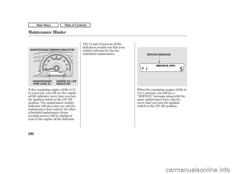 HONDA CIVIC SEDAN 2010  Owners Manual (in English) If the remaining engine oil lif e is 15
to 6 percent, you will see the engine
oil lif e indicator every time you turn
the ignition switch to the ON (II)
position. The maintenance minder
indicator will