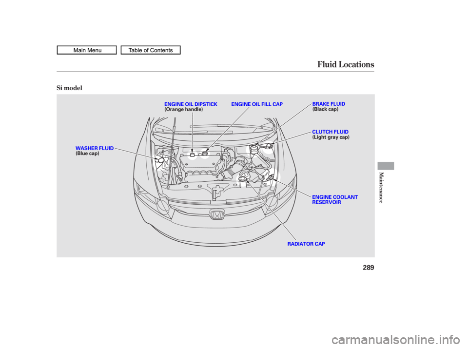 HONDA CIVIC SEDAN 2010  Owners Manual (in English) Fluid Locations
Maint enance
Si model
289
RADIATOR CAP
WASHER FLUID
(Blue cap)
ENGINE COOLANT
RESERVOIR CLUTCH FLUID
(Light gray cap)
ENGINE OIL DIPSTICK
(Orange handle)
BRAKE FLUID
(Black cap)
ENGINE