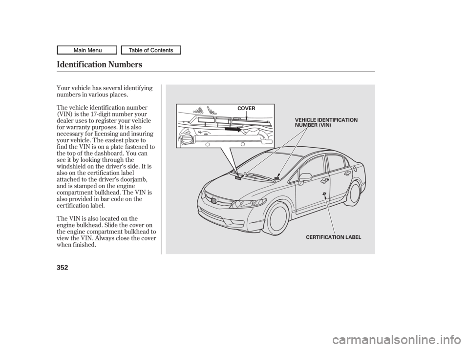 HONDA CIVIC SEDAN 2010  Owners Manual (in English) Your vehicle has several identif ying
numbers in various places.
The vehicle identif ication number
(VIN) is the 17-digit number your
dealer uses to register your vehicle
f or warranty purposes. It is