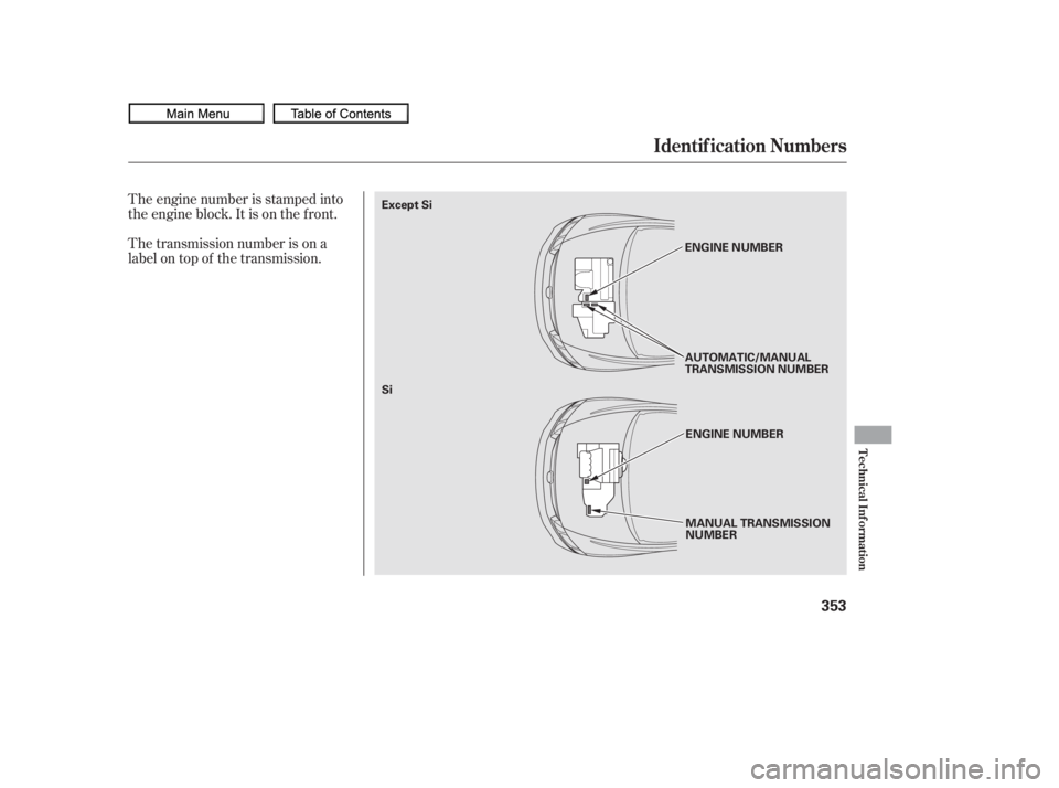 HONDA CIVIC SEDAN 2010  Owners Manual (in English) The engine number is stamped into
the engine block. It is on the f ront.
The transmission number is on a
label on top of the transmission.
Identif ication Numbers
Technical Inf ormation
353
MANUAL TRA