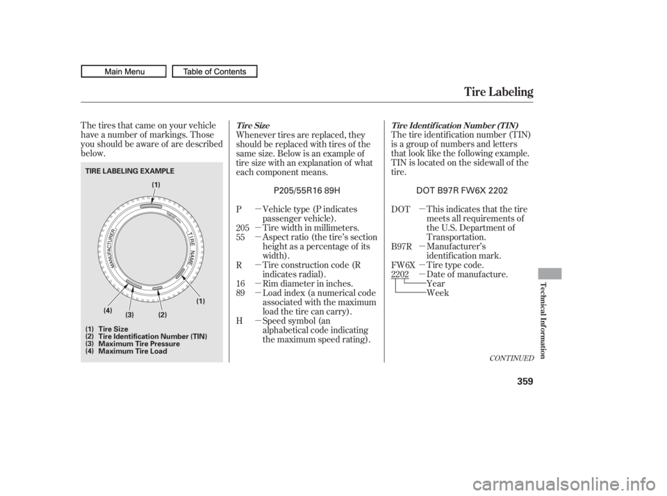 HONDA CIVIC SEDAN 2010  Owners Manual (in English) µ
µ
µ
µ
µ
µ
µ
µ
µ
µ
µ
The tires that came on your vehicle
have a number of markings. Those
you should be aware of are described
below.
The tire identif ication number (TIN)
is a 