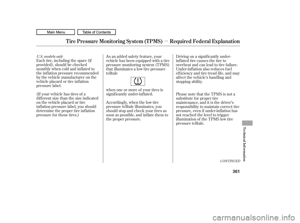 HONDA CIVIC SEDAN 2010  Owners Manual (in English) µ
U.S. models only
Each tire, including the spare (if
provided), should be checked
monthly when cold and inf lated to
the inf lation pressure recommended
by the vehicle manuf acturer on the
vehicle 