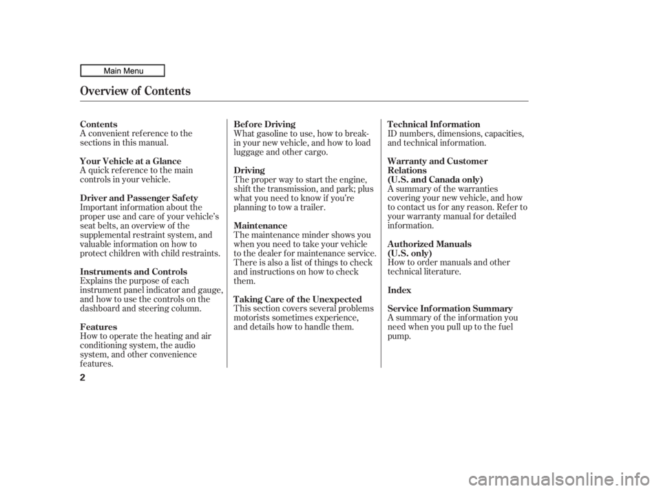 HONDA CIVIC SEDAN 2010  Owners Manual (in English) How to operate the heating and air
conditioning system, the audio
system, and other convenience
f eatures. A convenient ref erence to the
sections in this manual.
A quick ref erence to the main
contro