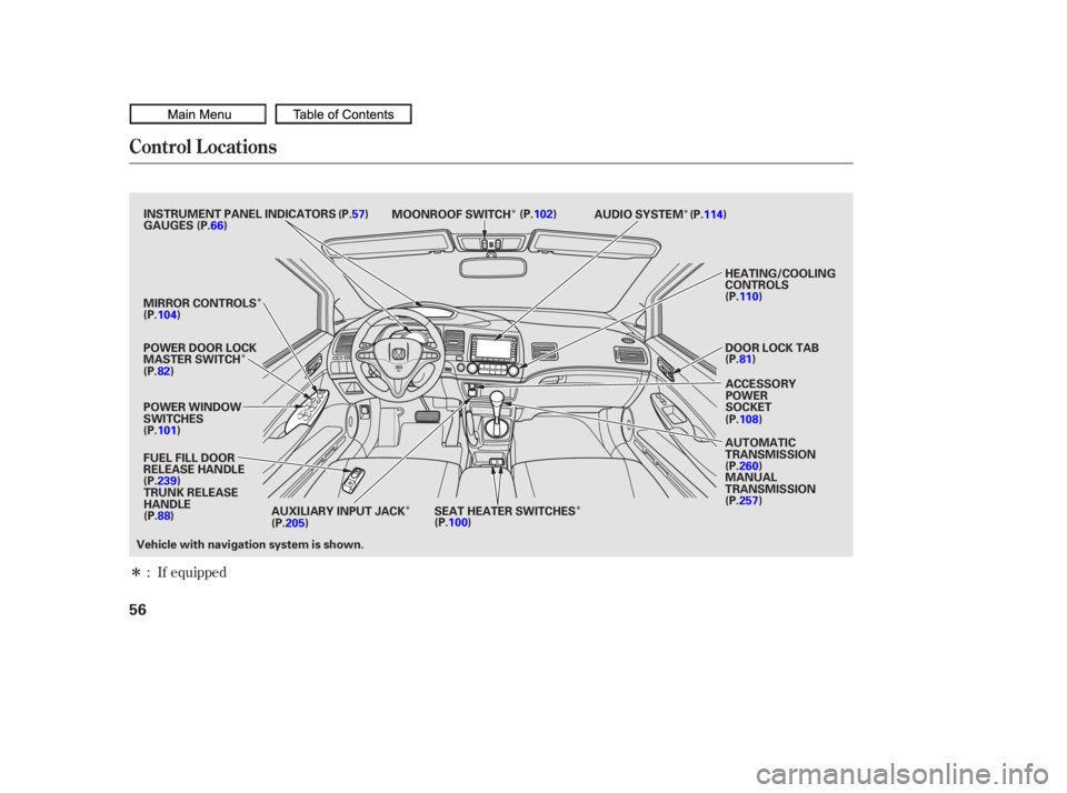 HONDA CIVIC SEDAN 2010   (in English) Workshop Manual Î
Î Î
Î
Î
Î
Î If equipped
:
Control L ocations
56
POWER WINDOW
SWITCHES AUDIO SYSTEM
HEATING/COOLING
CONTROLS
POWER DOOR LOCK
MASTER SWITCH MOONROOF SWITCH
INSTRUMENT PANEL INDICATORS
AC