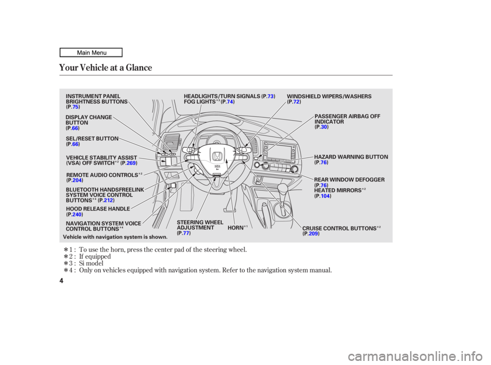 HONDA CIVIC SEDAN 2010  Owners Manual (in English) ÎÎ
Î
Î Î
Î
Î
Î
Î
Î
Î
Î Only on vehicles equipped with navigation system. Ref er to the navigation system manual. To use the horn, press the center pad of the steering wheel.
If