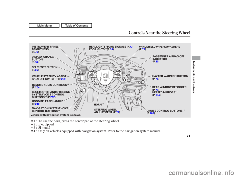 HONDA CIVIC SEDAN 2010   (in English) Manual PDF ÎÎ
Î
Î Î
Î
Î
Î
Î
Î
Î
Î
Only on vehicles equipped with navigation system. Ref er to the navigation system manual. To use the horn, press the center pad of the steering wheel.
If