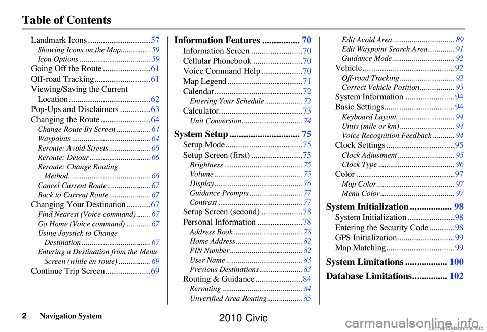 HONDA CIVIC SEDAN 2010 Navigation Manual (in English) 2Navigation System
Table of Contents
Landmark Icons .............................57
Showing Icons on the Map............... 59
Icon Options .................................... 59
Going Off the Route HONDA CIVIC SEDAN 2010 Navigation Manual (in English) 2Navigation System
Table of Contents
Landmark Icons .............................57
Showing Icons on the Map............... 59
Icon Options .................................... 59
Going Off the Route